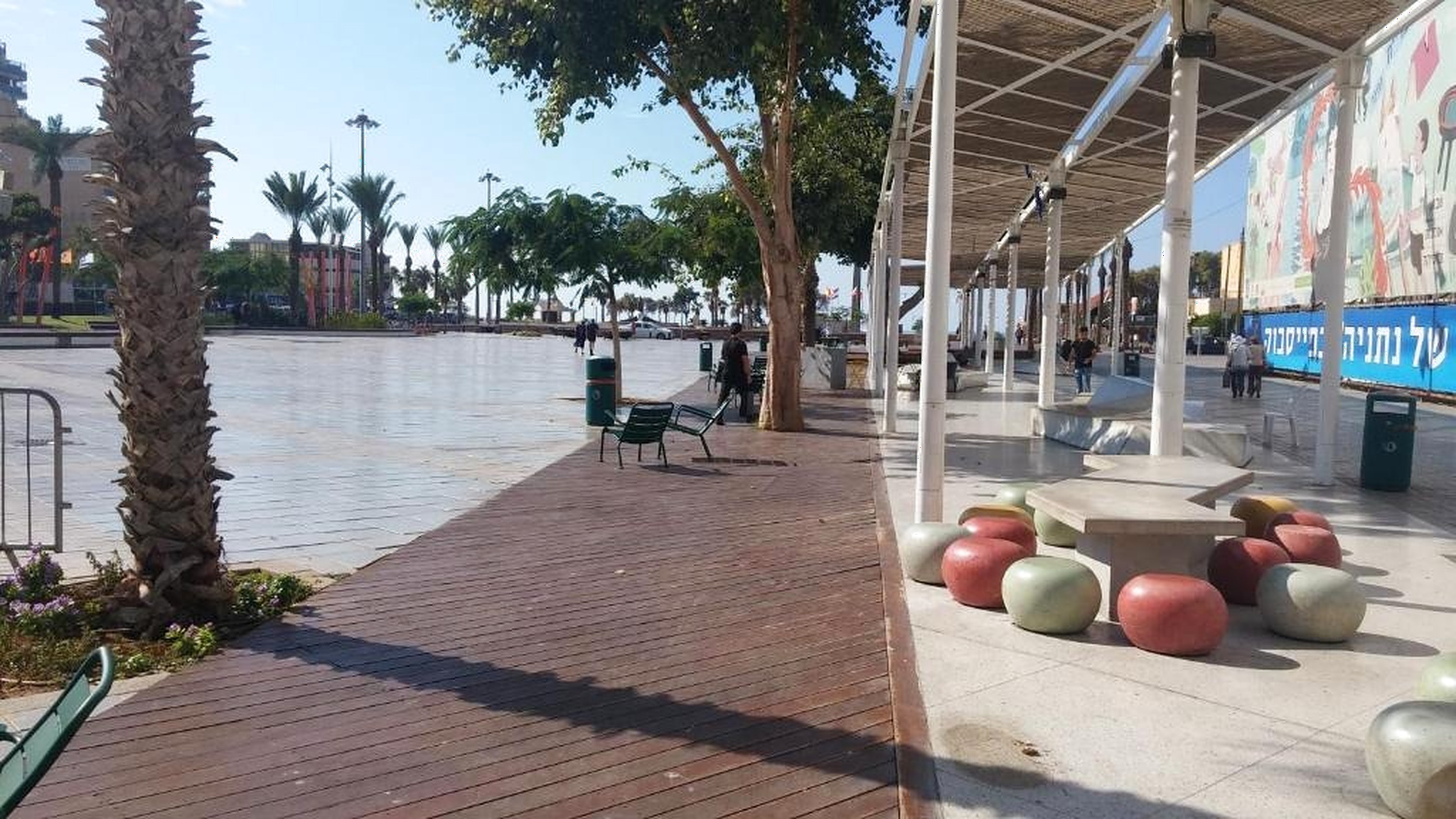 Promenade en bois de Netanya bordée de palmiers